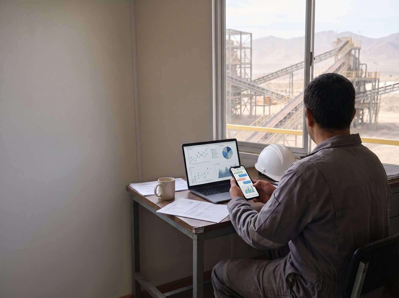 Supervisor revisando en el teléfono una conversación con datos, junto a la ventana de la planta.