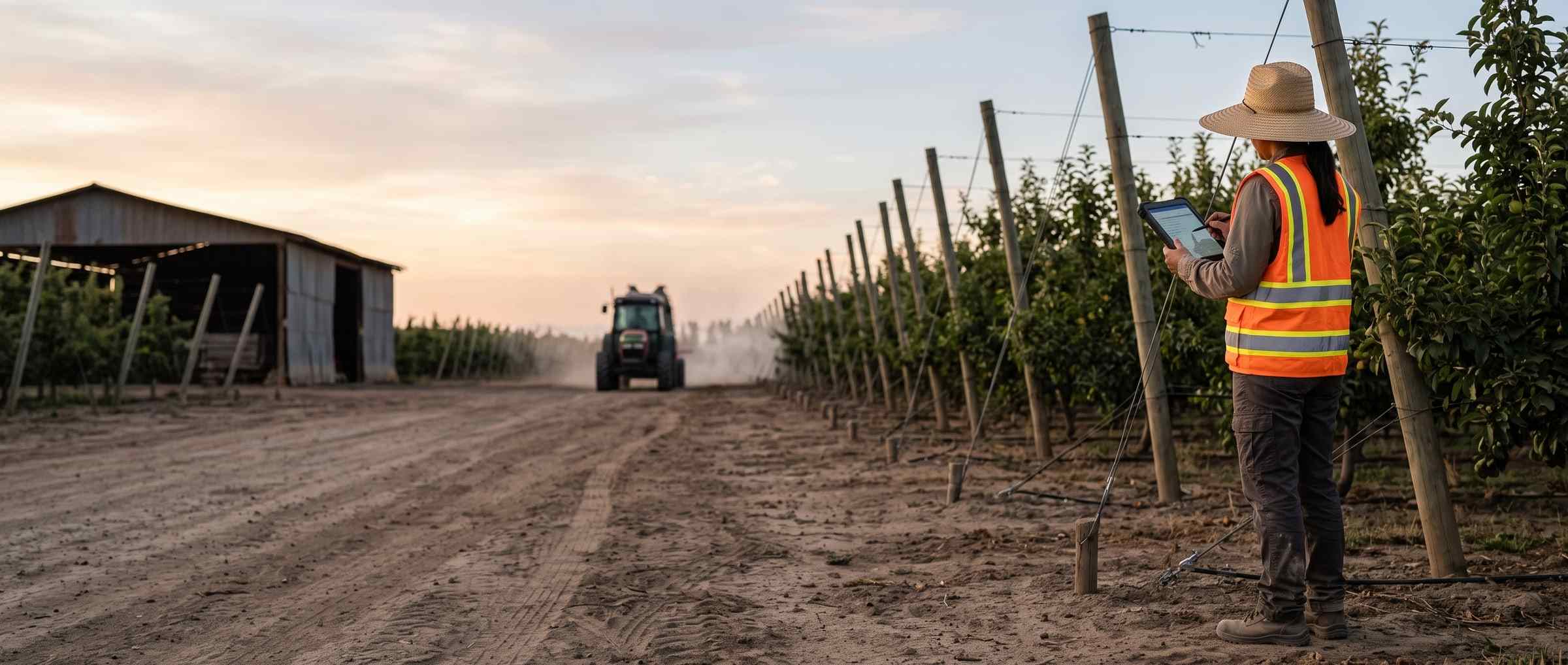 Asesor agrícola anota al final de una hilera, junto al pulverizador enganchado al tractor.