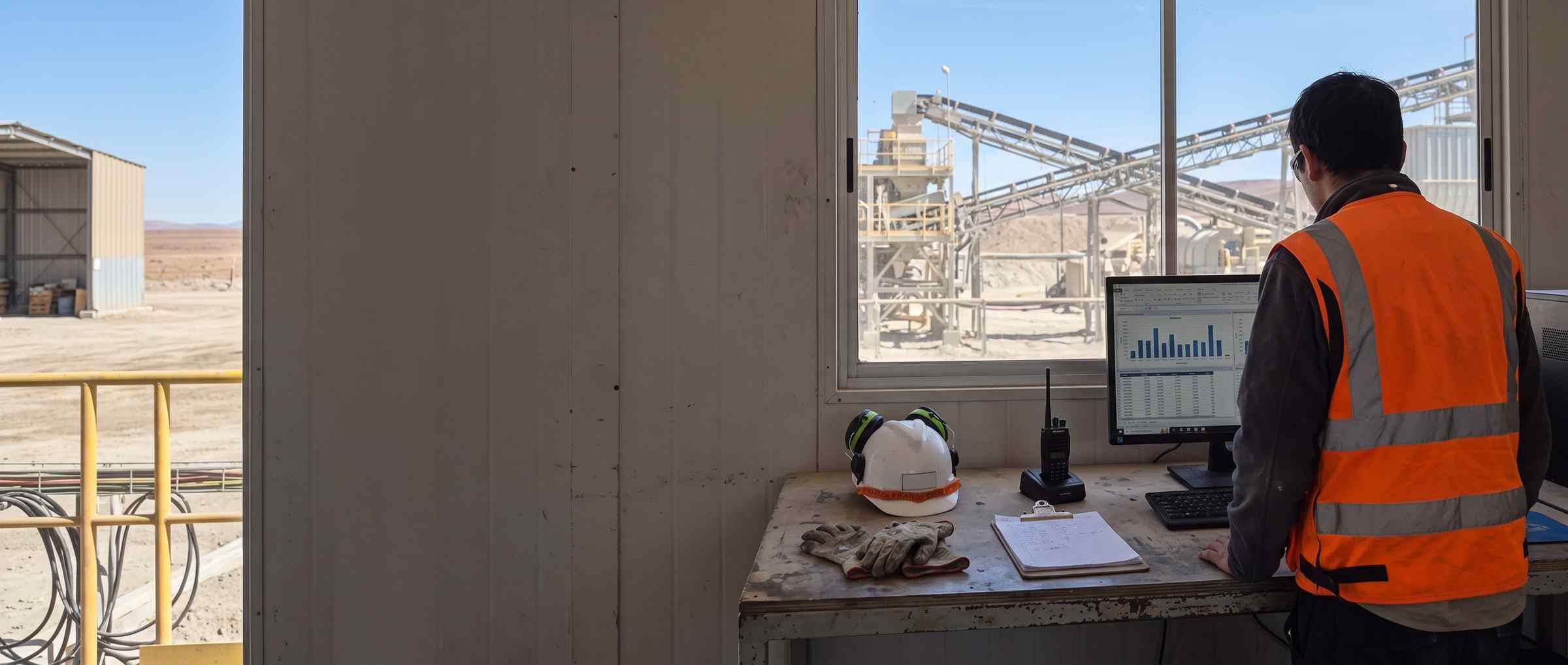Tres personas con casco y chaleco reflectante, de pie alrededor de una mesa de faena con carpetas, una radio y unos planos doblados, revisando el cierre del mes.