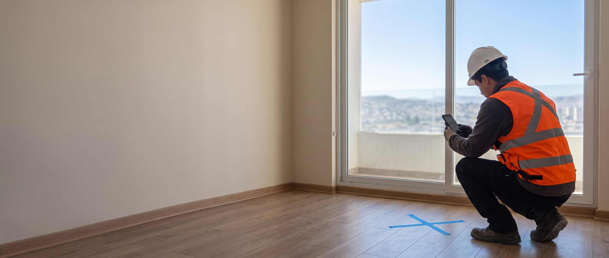Inspector de entrega fotografía un desperfecto marcado con cinta en el piso de un departamento nuevo.