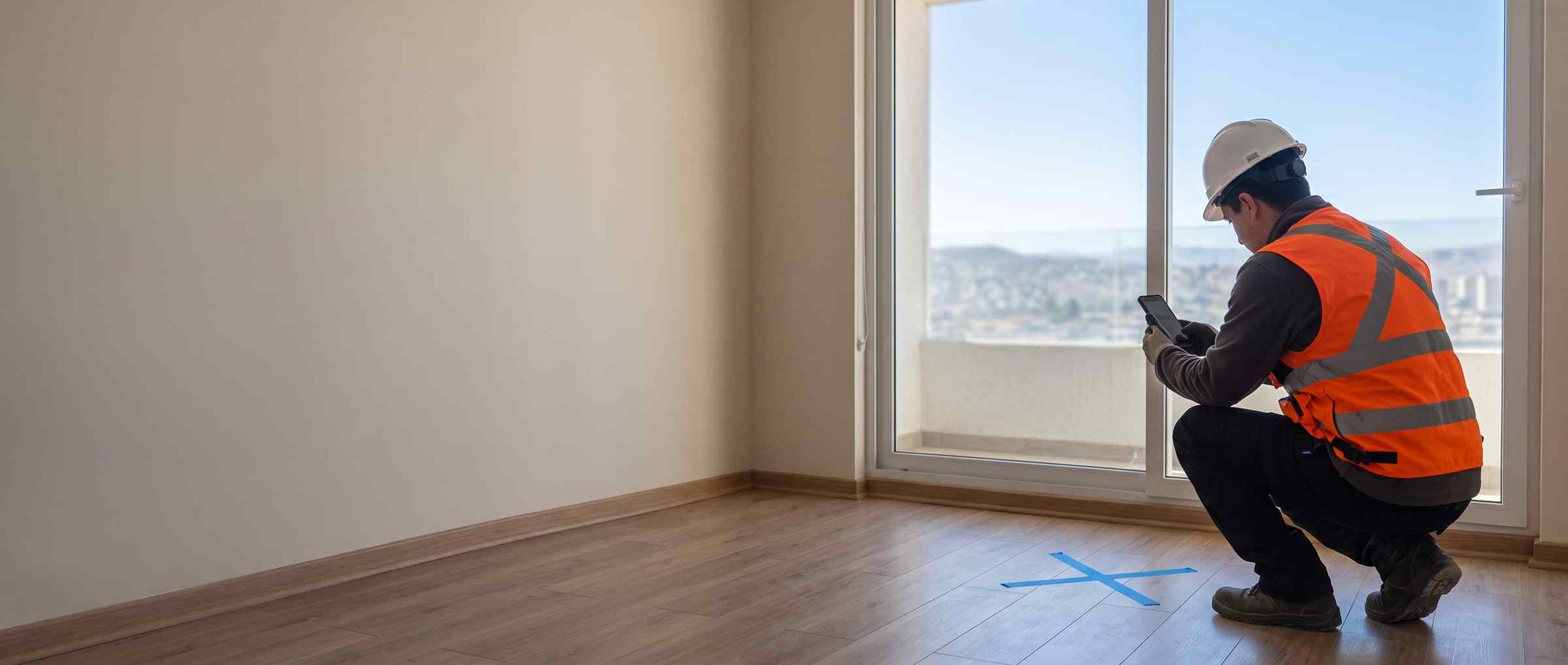 Inspector de entrega fotografía un desperfecto marcado con cinta en el piso de un departamento nuevo.