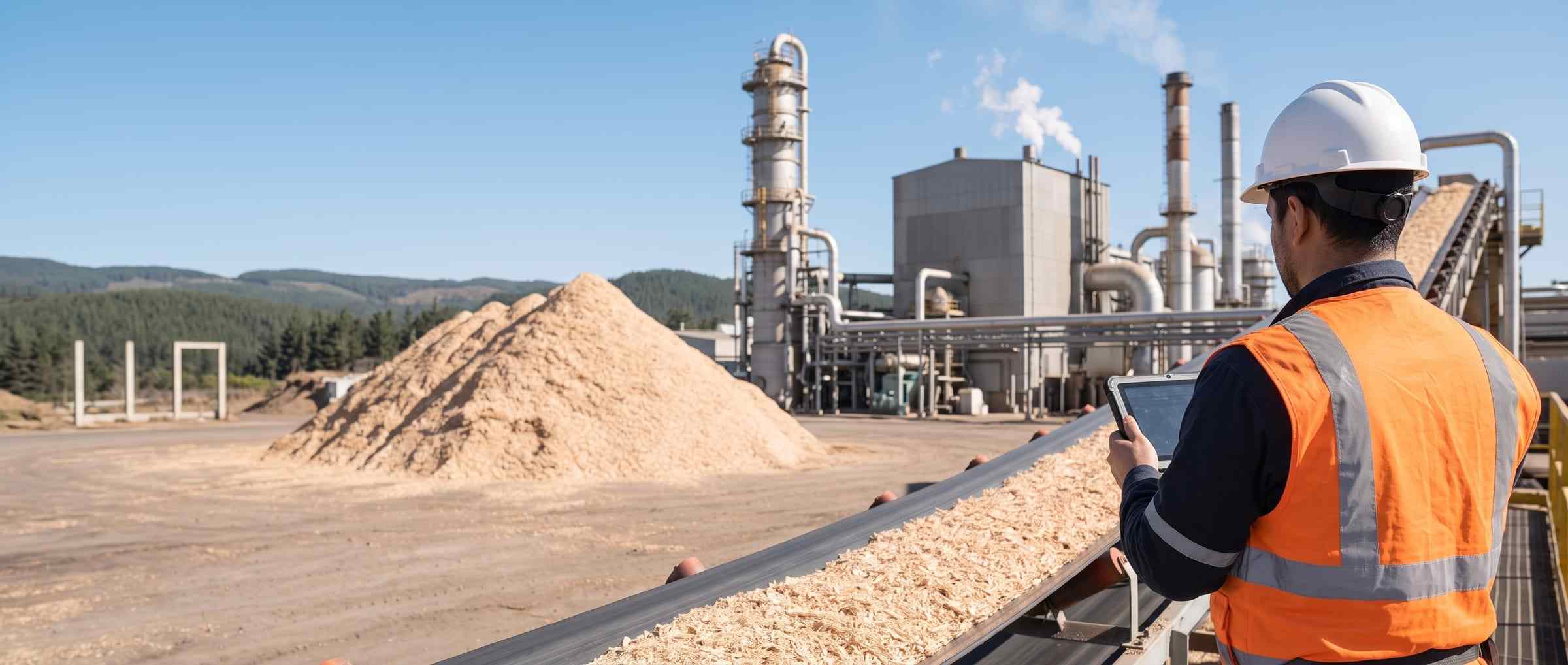 Maintenance inspector checking the wood-chip conveyor on a tablet, with the chip pile and the pulp mill behind.