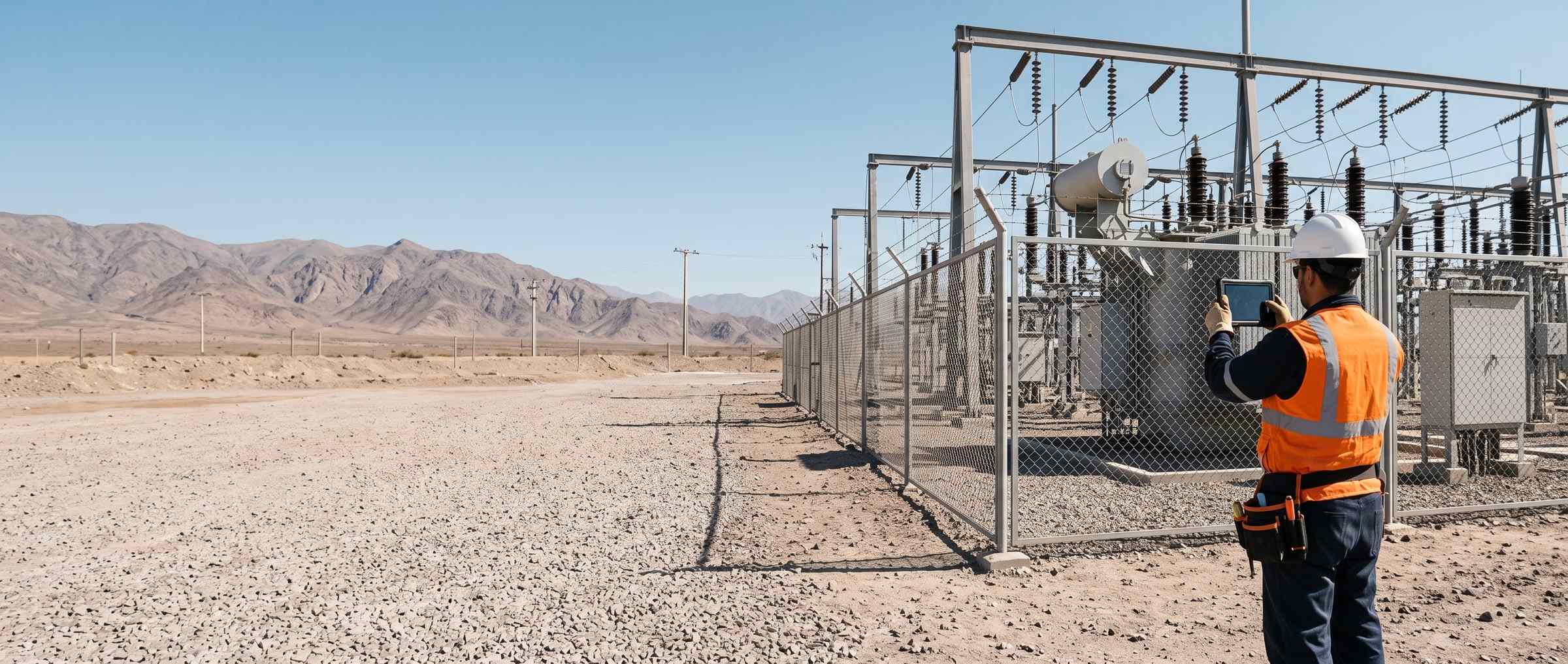 Técnico eléctrico camina hacia un transformador de potencia en una subestación de alta tensión.