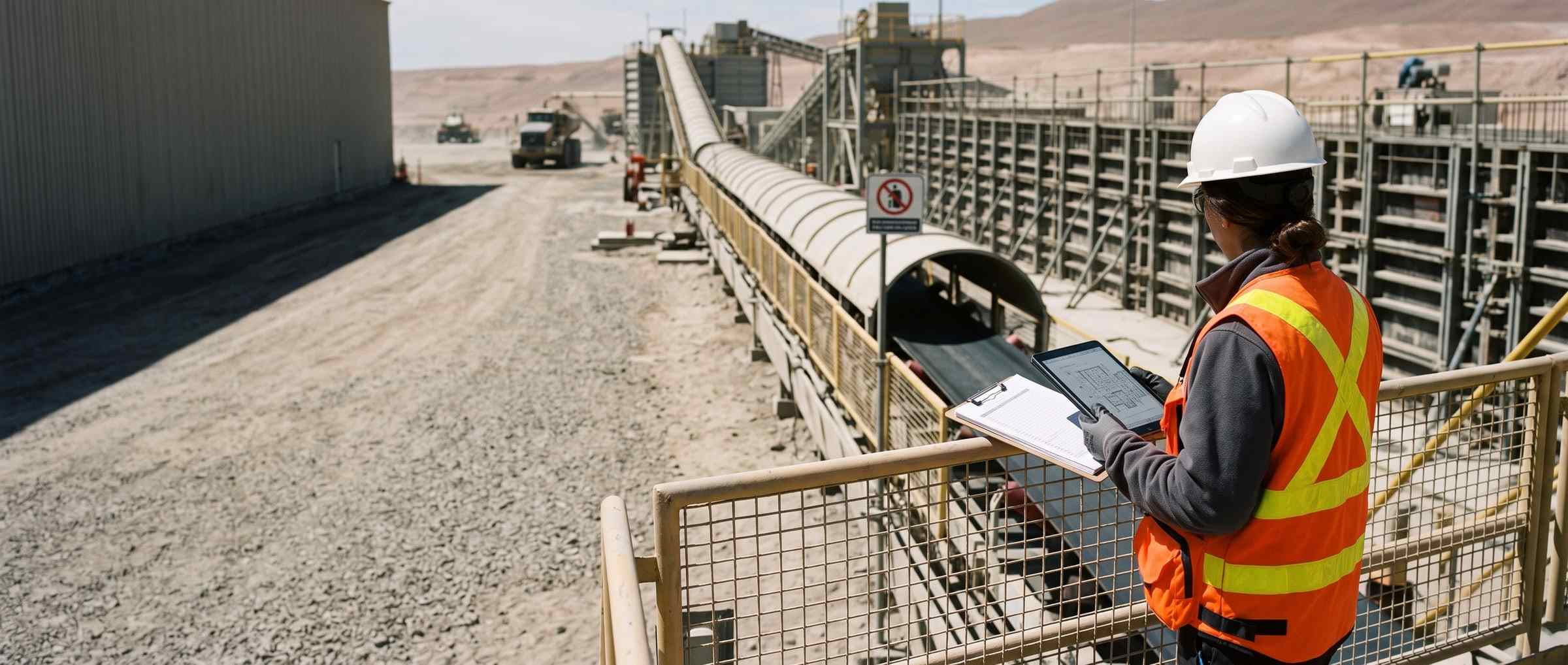Cuadrilla revisando el avance de una obra con la planilla de estado de pago en la mano, junto a la maquinaria.