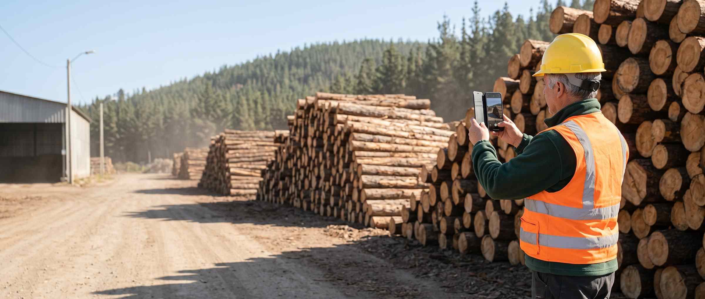 Supervisor forestal registra una pila de trozos recién cosechados al borde del camino de saca.