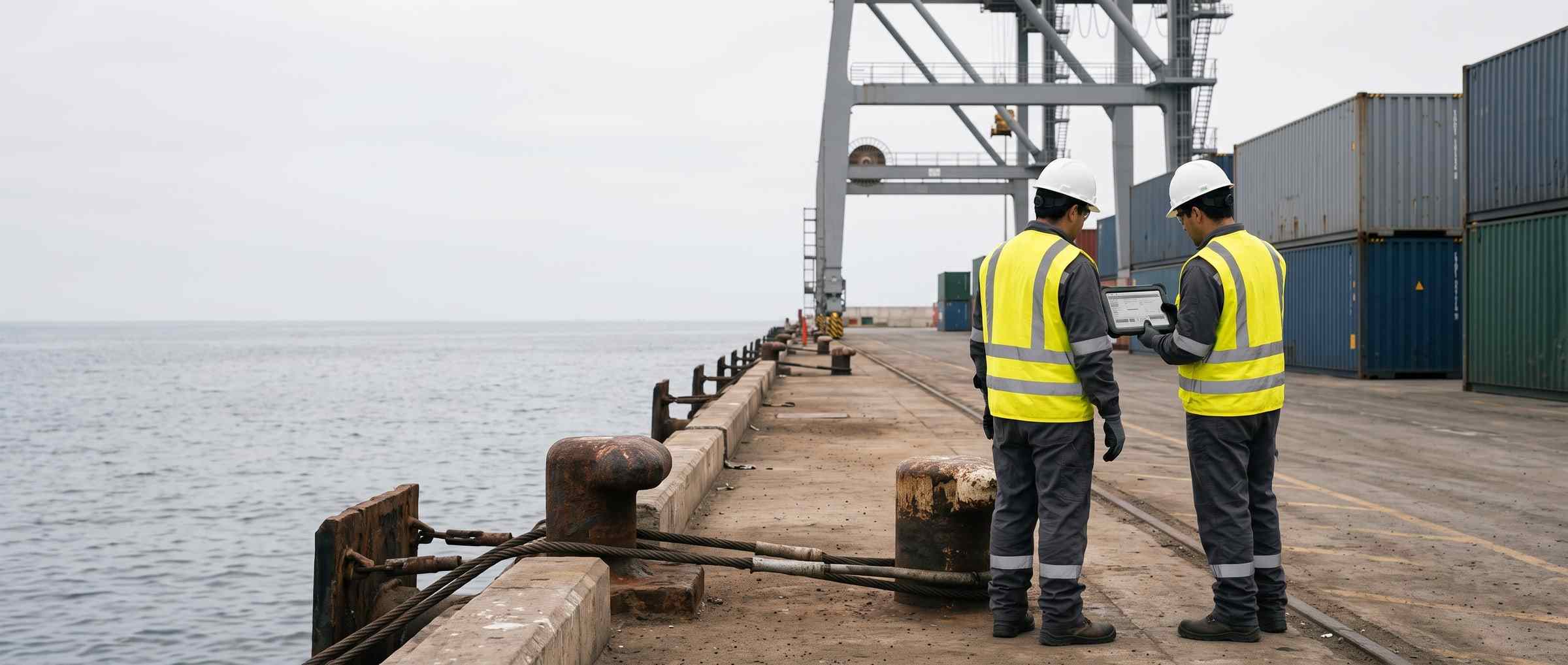 Inspector portuario observa la faena desde el muelle, junto a una bita con el cabo de amarre tenso.