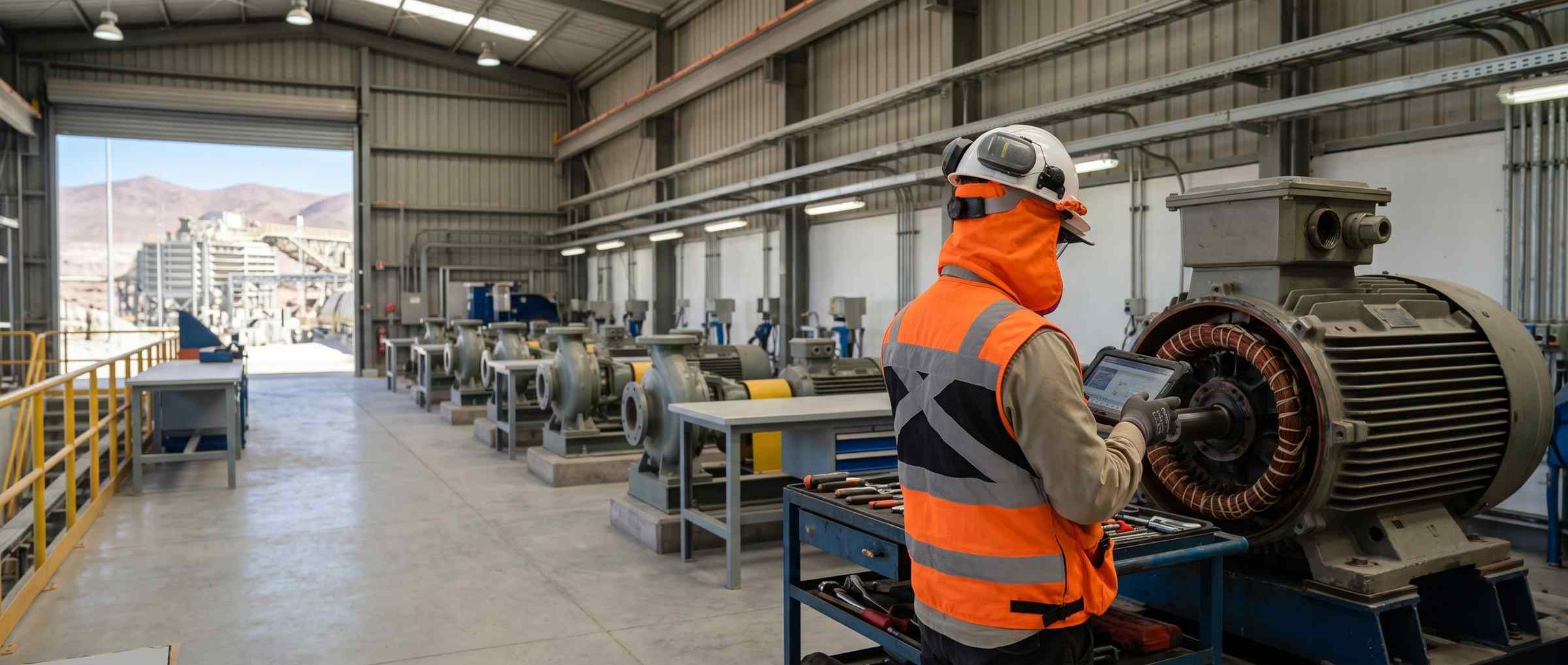 Un mecánico de terreno junto a un cargador frontal con la tapa del motor levantada, con una tablet robusta apoyada en el guardabarros.