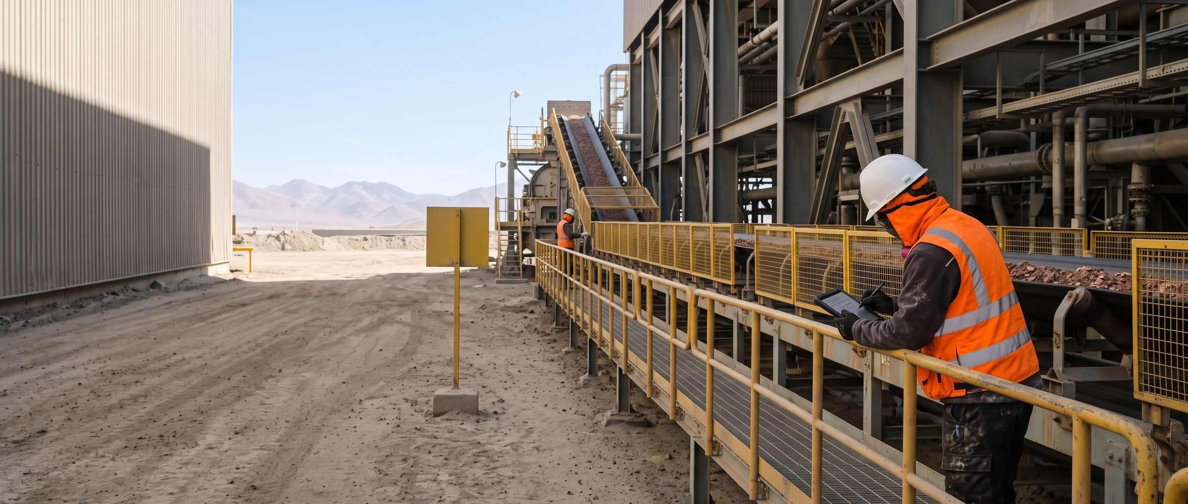 Operador de planta concentradora, de espaldas en la pasarela, frente al molino de bolas bajo un haz de luz cenital.