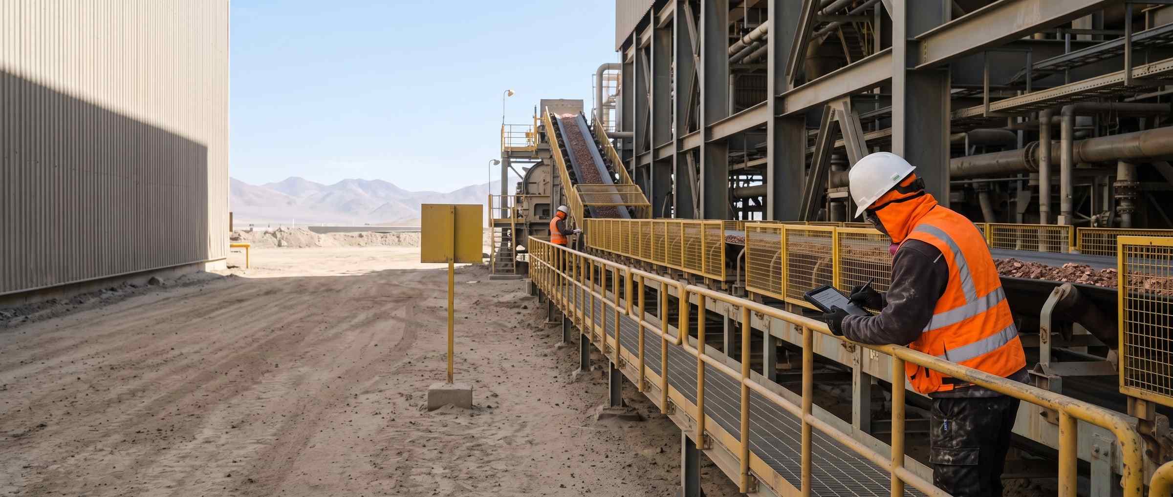 Operador de planta concentradora, de espaldas en la pasarela, frente al molino de bolas bajo un haz de luz cenital.
