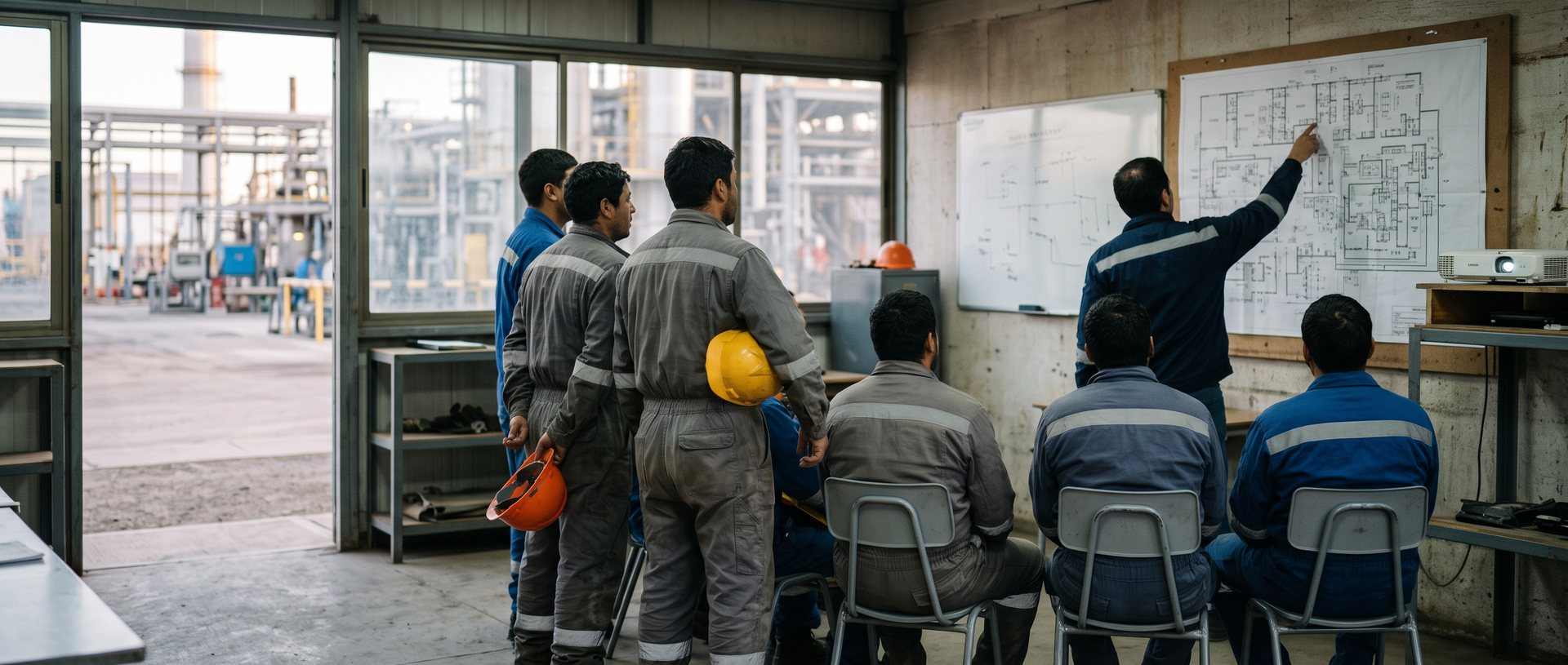 En la oficina de una planta, un ingeniero de espaldas señala un plano en la pared mientras la cuadrilla, con overol y cascos en la mano, sigue la reunión.