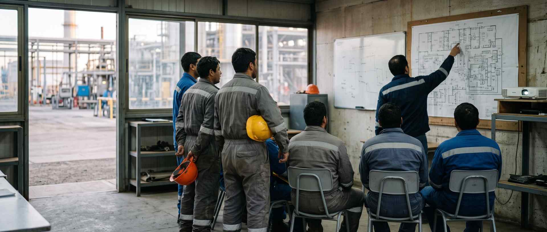 En la oficina de una planta, un ingeniero de espaldas señala un plano en la pared mientras la cuadrilla, con overol y cascos en la mano, sigue la reunión.