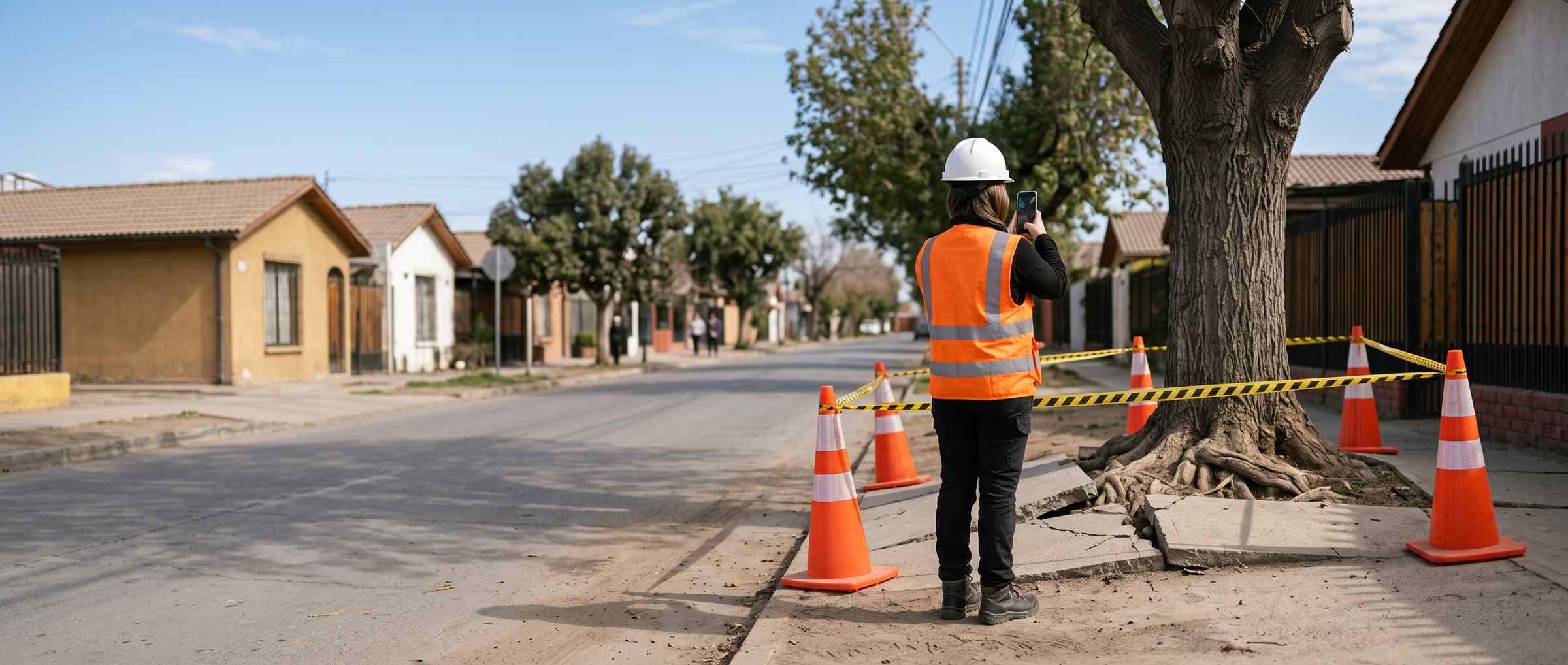 Inspectora municipal fotografía con su teléfono una vereda levantada por la raíz de un árbol.
