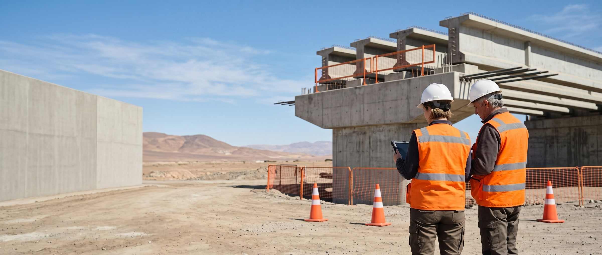 Inspector técnico de obra revisa las vigas montadas de un paso superior desde la berma de la ruta.