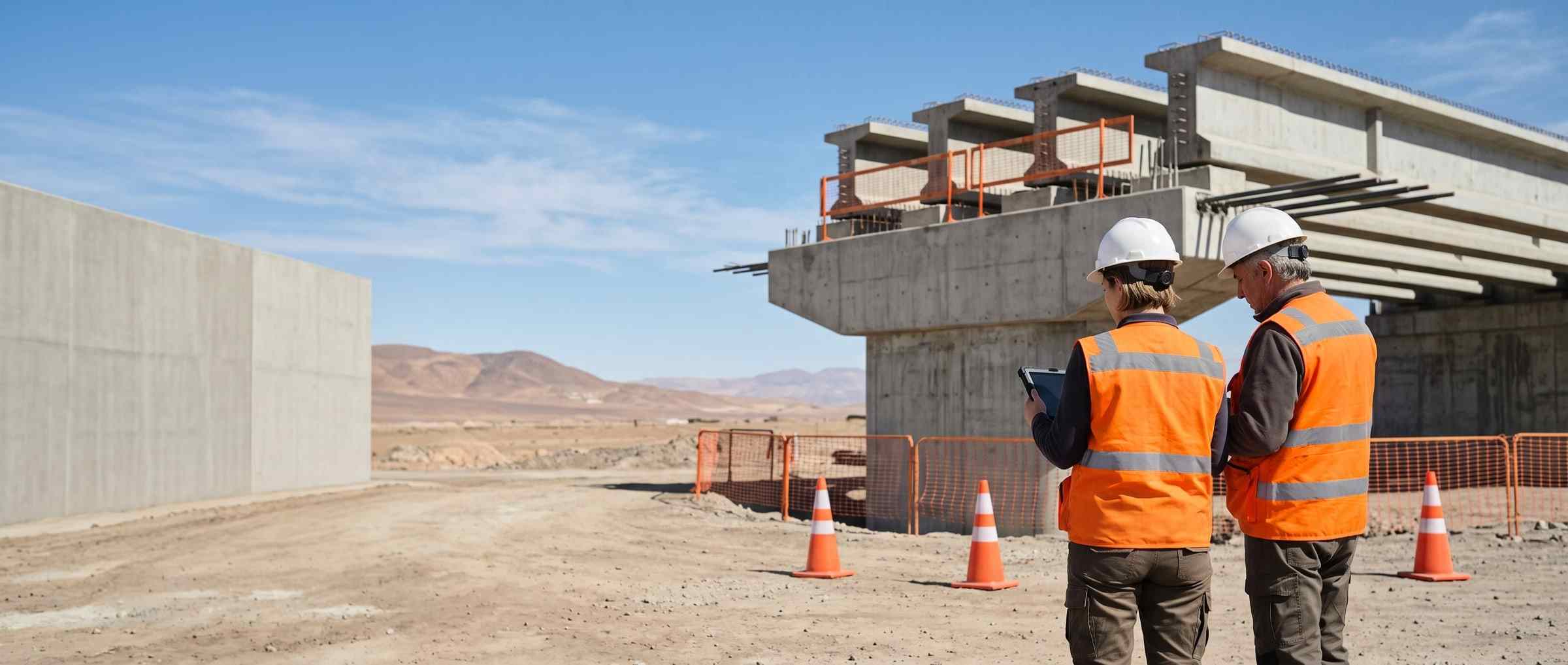 Inspector técnico de obra revisa las vigas montadas de un paso superior desde la berma de la ruta.