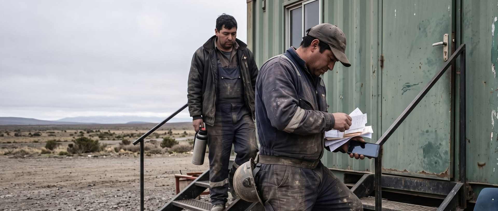 Un trabajador con overol empolvado baja la escalera de una oficina de contenedor revisando un puñado de boletas, con el teléfono en la otra mano y un compañero detrás.