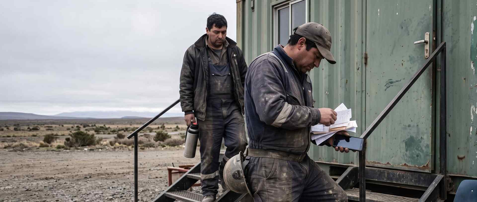 Un trabajador con overol empolvado baja la escalera de una oficina de contenedor revisando un puñado de boletas, con el teléfono en la otra mano y un compañero detrás.