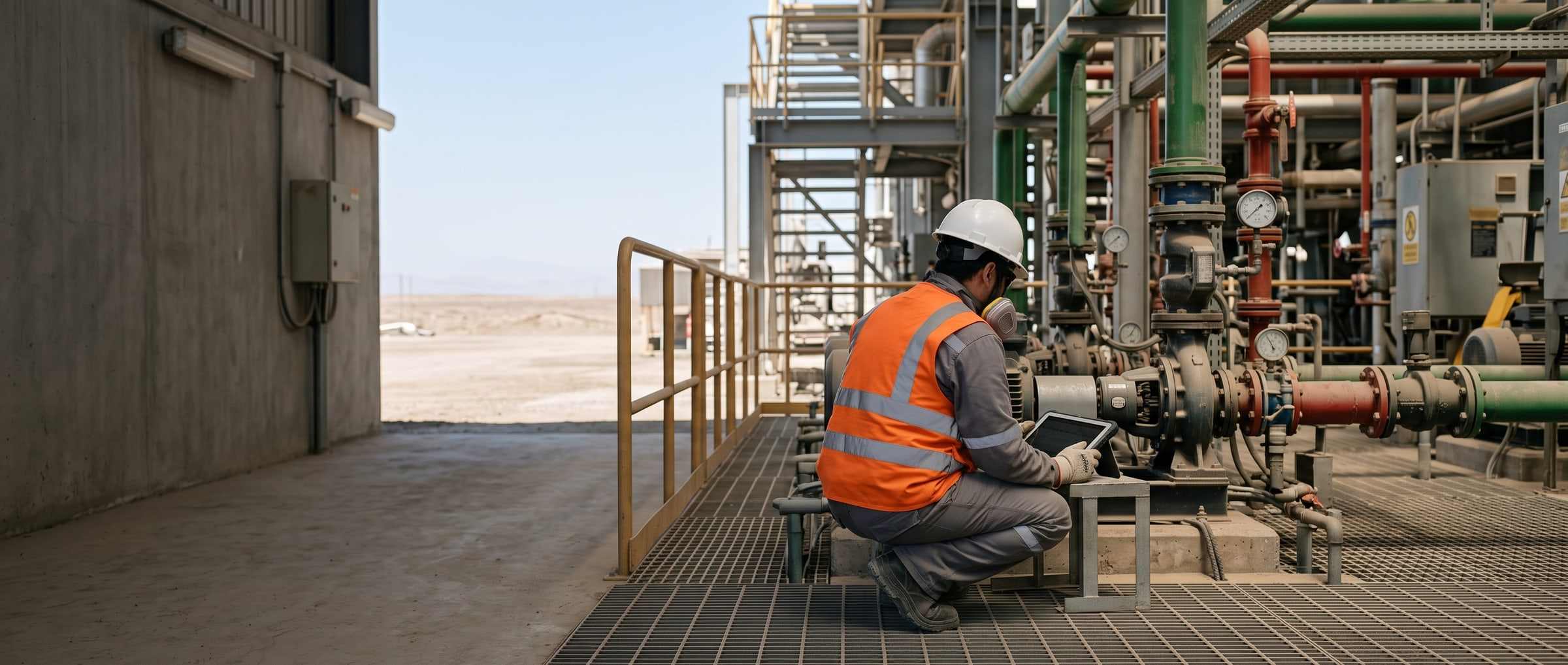 Dos técnicos contratistas trabajan sobre un intercambiador de calor abierto en la planta del mandante.