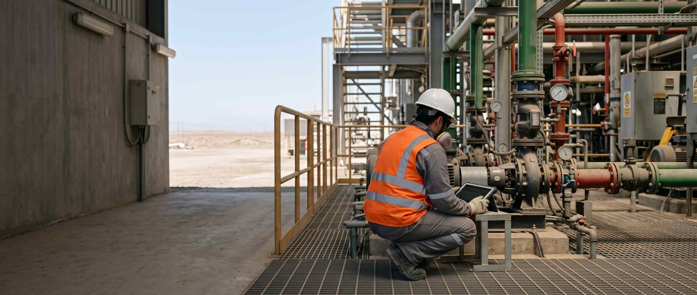 Dos técnicos contratistas trabajan sobre un intercambiador de calor abierto en la planta del mandante.