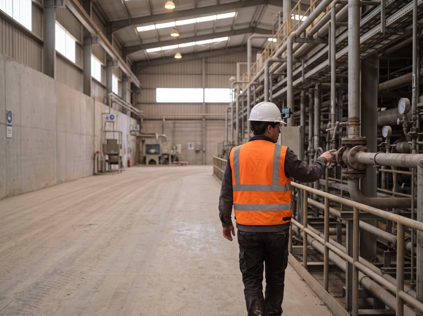 Inspector recorriendo una nave industrial con el teléfono montado en el casco.
