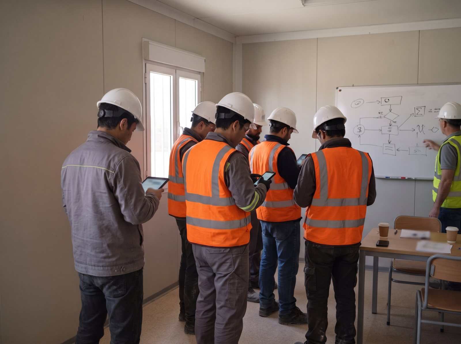 Charla de seguridad en un contenedor de faena, con trabajadores respondiendo en sus teléfonos.