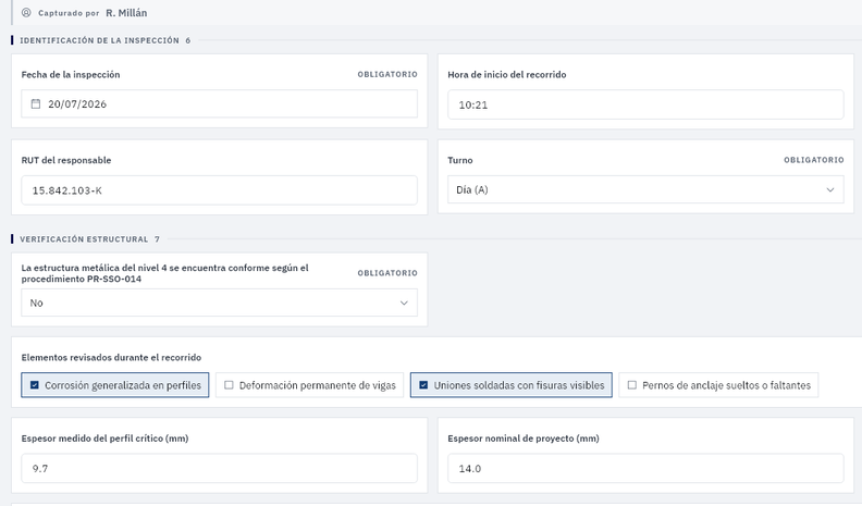 A structural inspection record open in PAIR with its fields filled in, the progress of fields with a value, and the checked items reviewed during the round