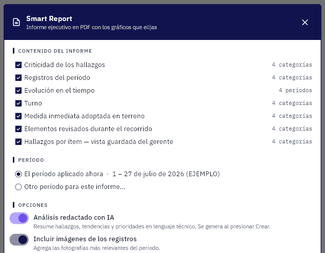 Ventana de Smart Report de PAIR con el contenido del informe y el período.