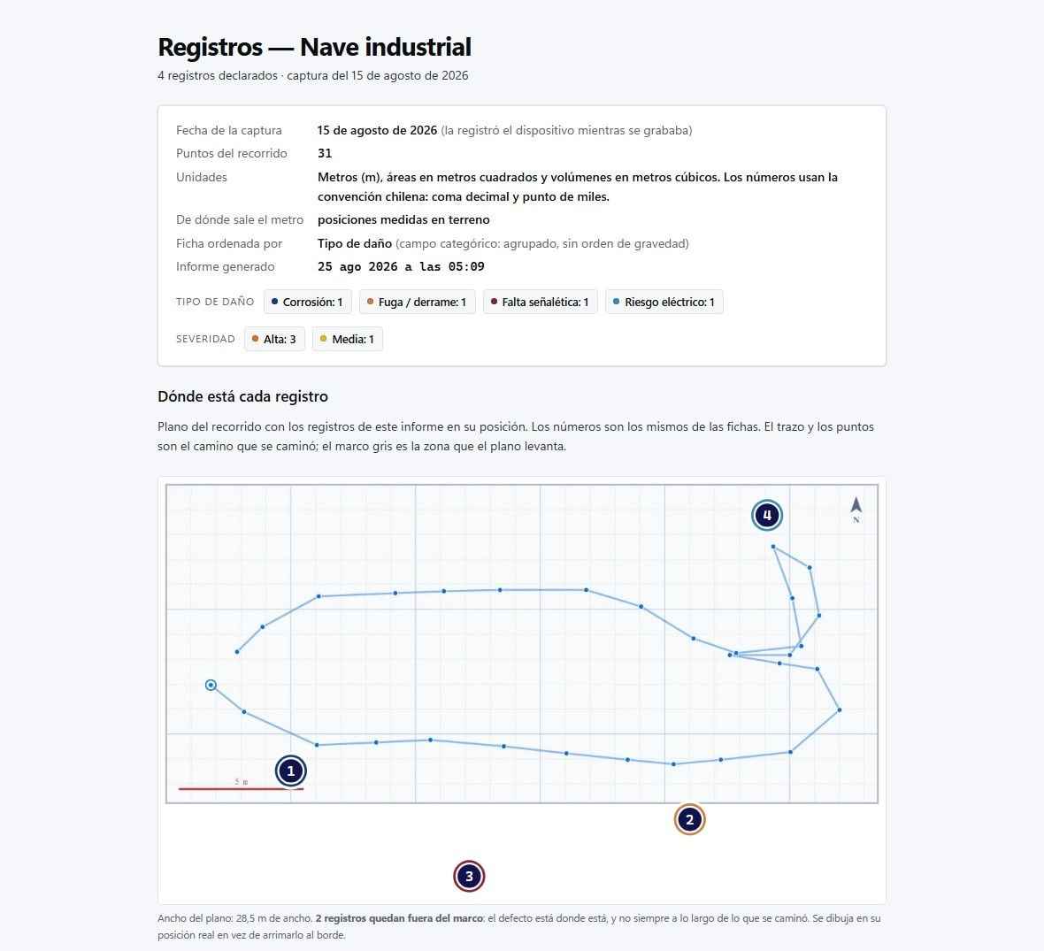 Cabecera del informe de PAIR 360: datos de la captura, plano del recorrido con los registros numerados y el primer registro con su fotografía.