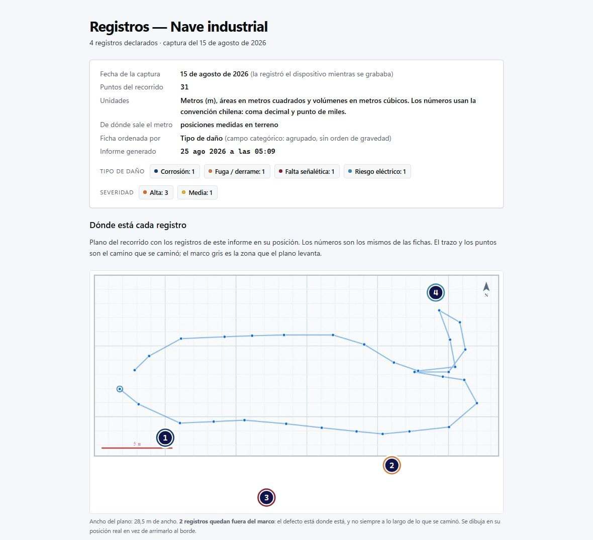 Cabecera del informe de PAIR 360: datos de la captura, plano del recorrido y el primer registro.