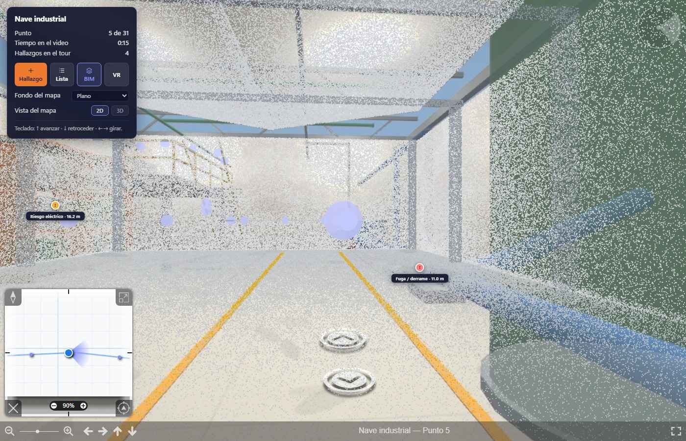 Recorrido de PAIR 360 con la geometría del modelo BIM superpuesta en azul sobre la fotografía de la nave.