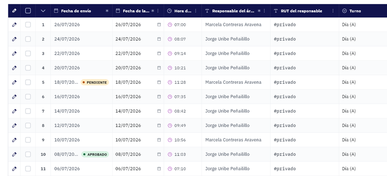 PAIR records table with filters, one column per field and Excel export.