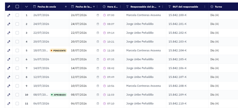 Tabla de registros de PAIR con filtros, una columna por campo y la exportación a Excel.