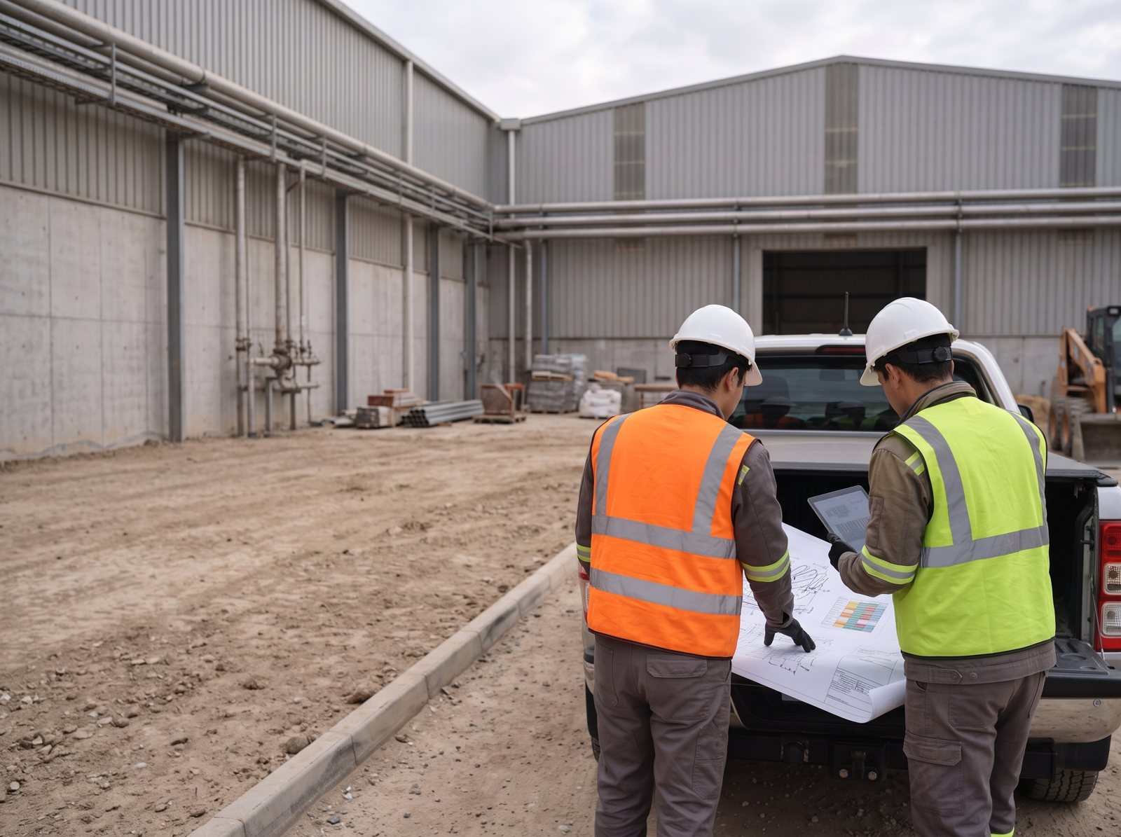 Supervisores de dos empresas revisando juntos un plano en terreno.