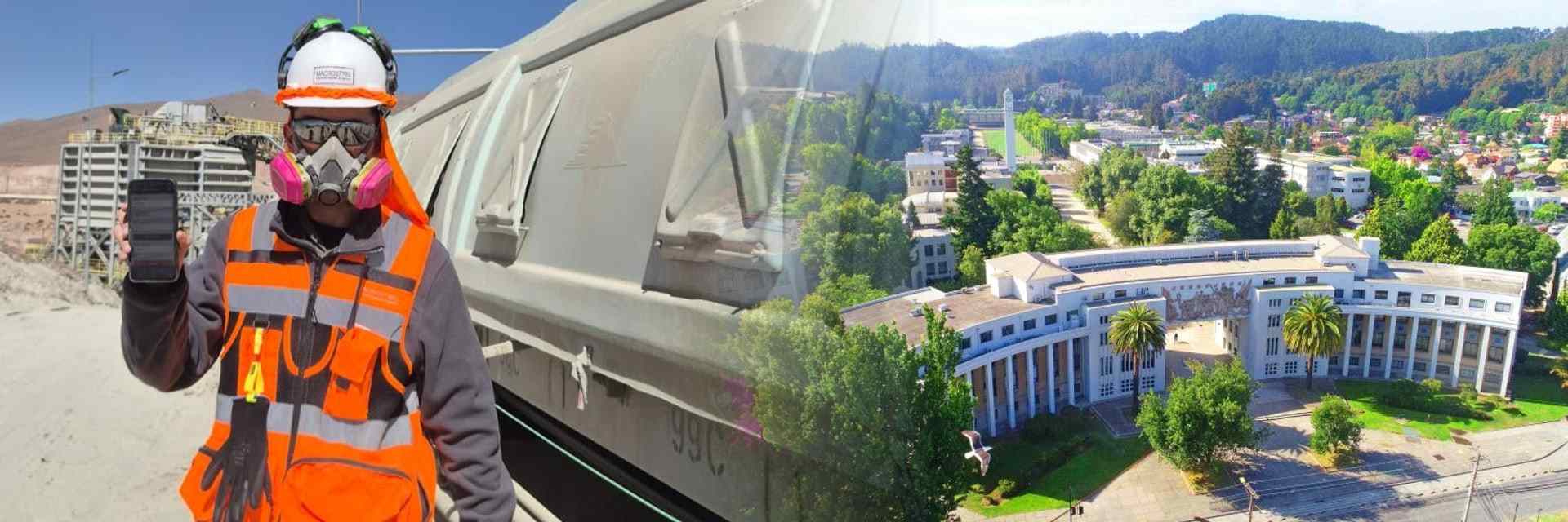 El fundador en faena, con casco y teléfono en mano, y el arco de la Universidad de Concepción desde el aire.