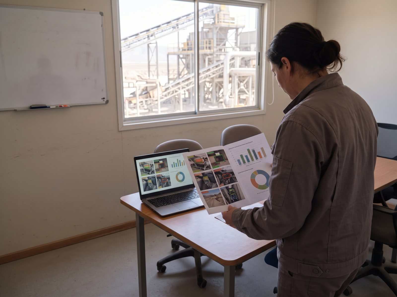 Gerente revisando un informe de inspección impreso con fotos marcadas y gráficos.