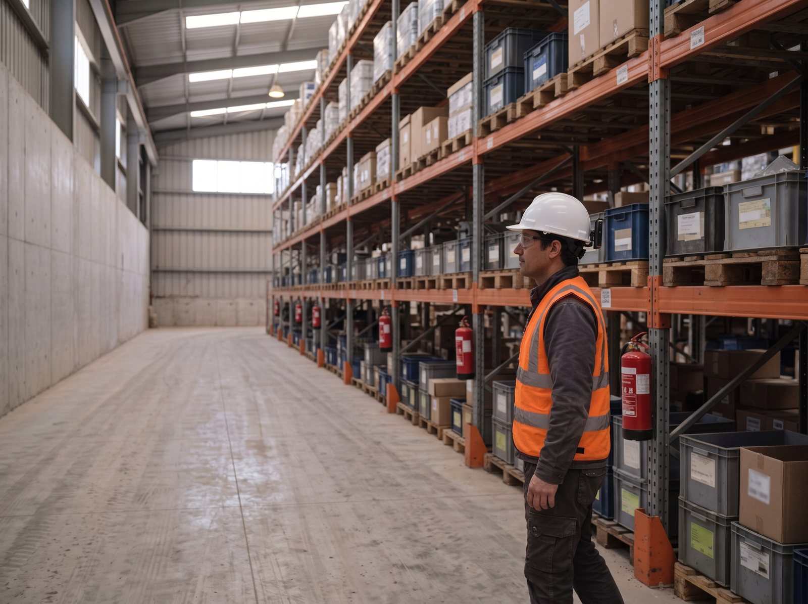 Bodeguero recorriendo un pasillo de racks con el teléfono montado en el casco.