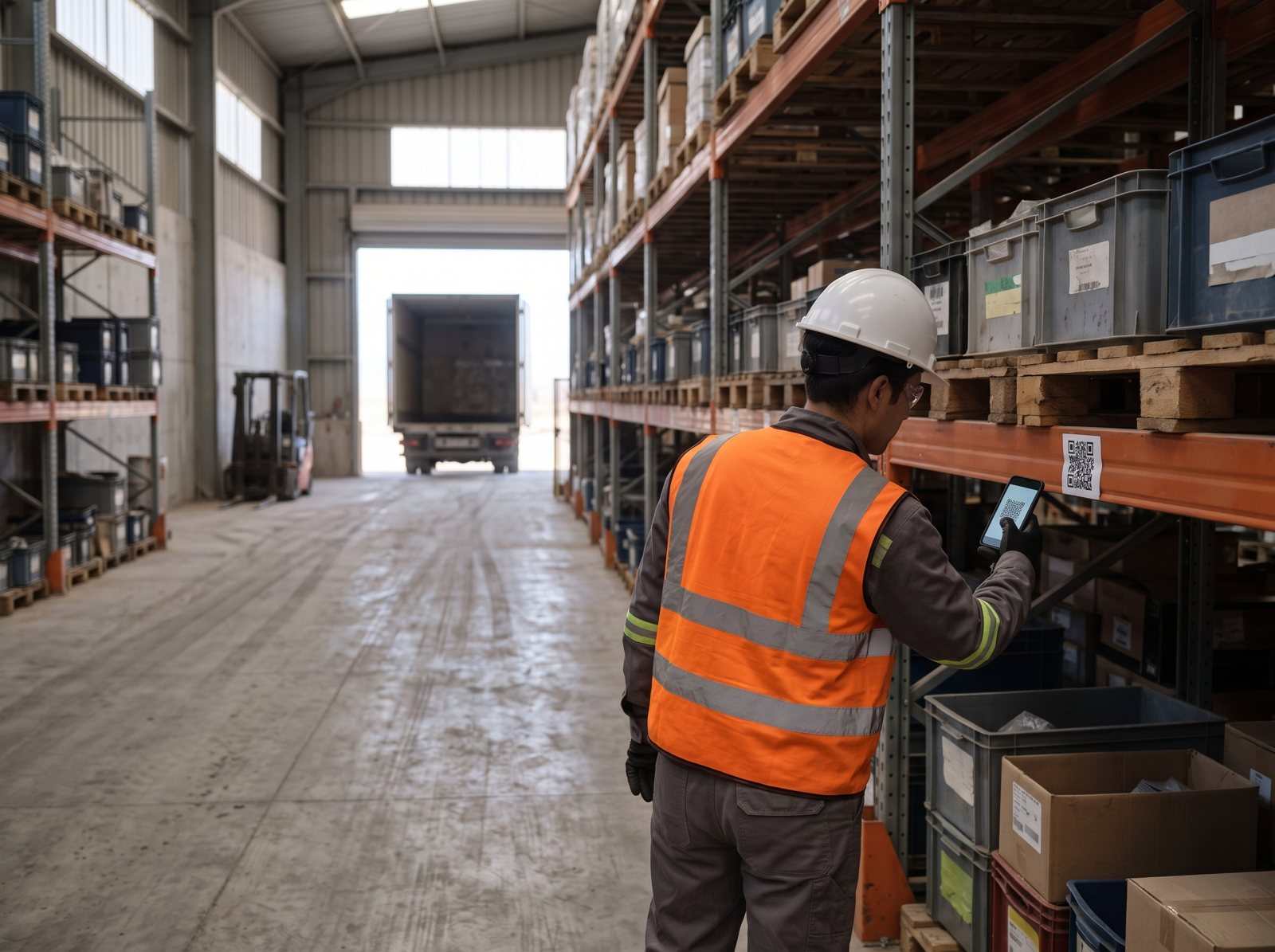 Bodeguero escaneando el QR de un pallet en una bodega de repuestos.