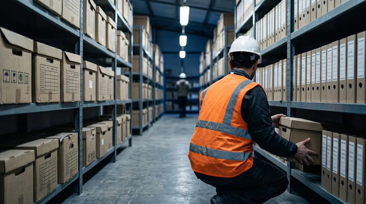Bodega de archivo de una empresa industrial: estanterías con cajas y archivadores, y una persona con chaleco bajando una caja.