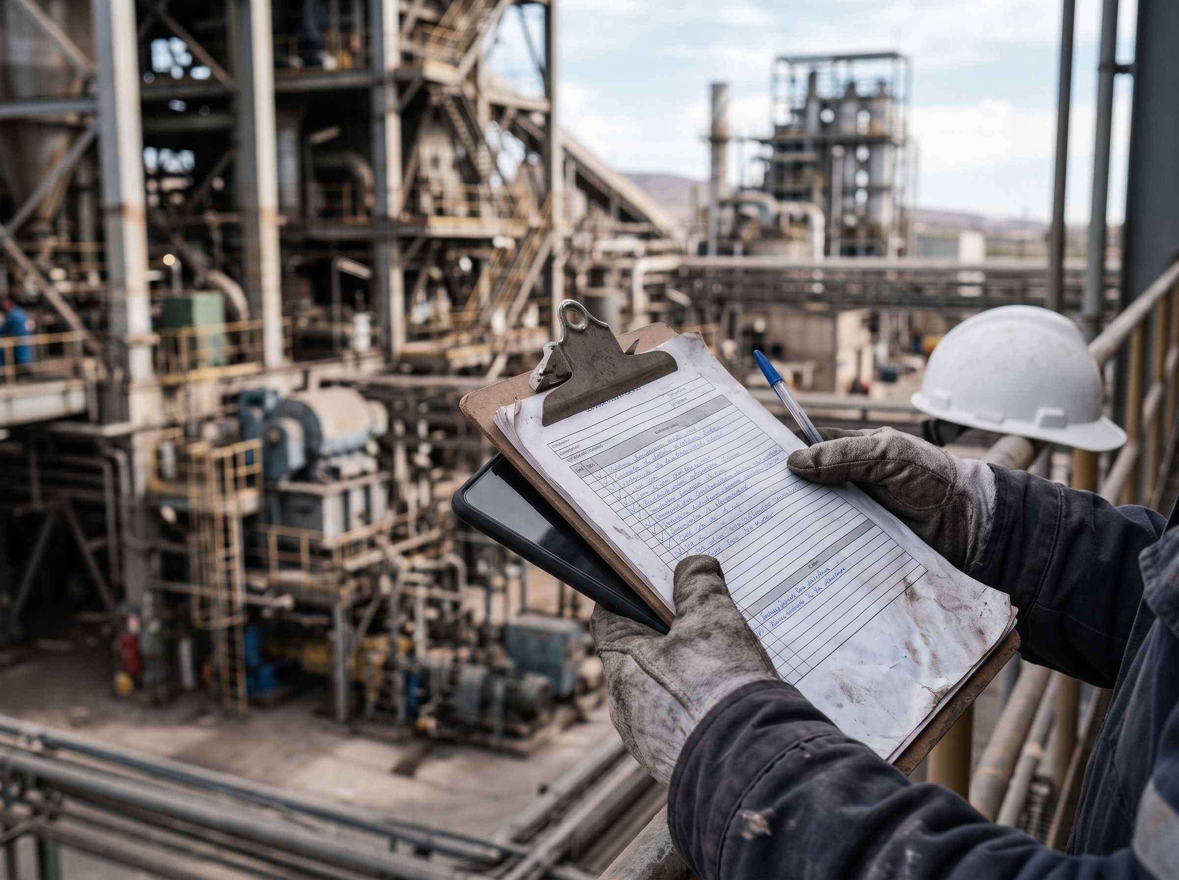 En una planta de procesos, las manos enguantadas de un inspector sostienen una tabla con un formulario de inspección en papel llenado a mano, junto a un teléfono.
