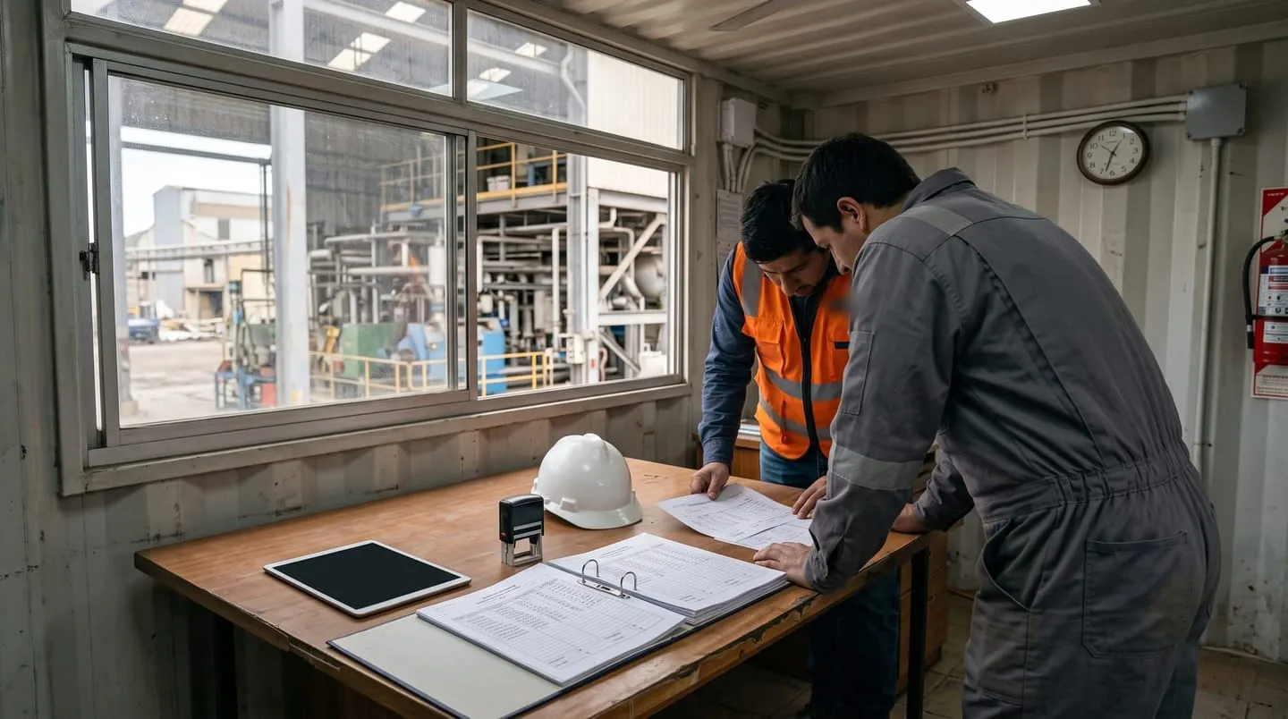 Dos personas revisan hojas de registro sobre la mesa de una sala de reunión de planta, junto a un casco y una tablet.