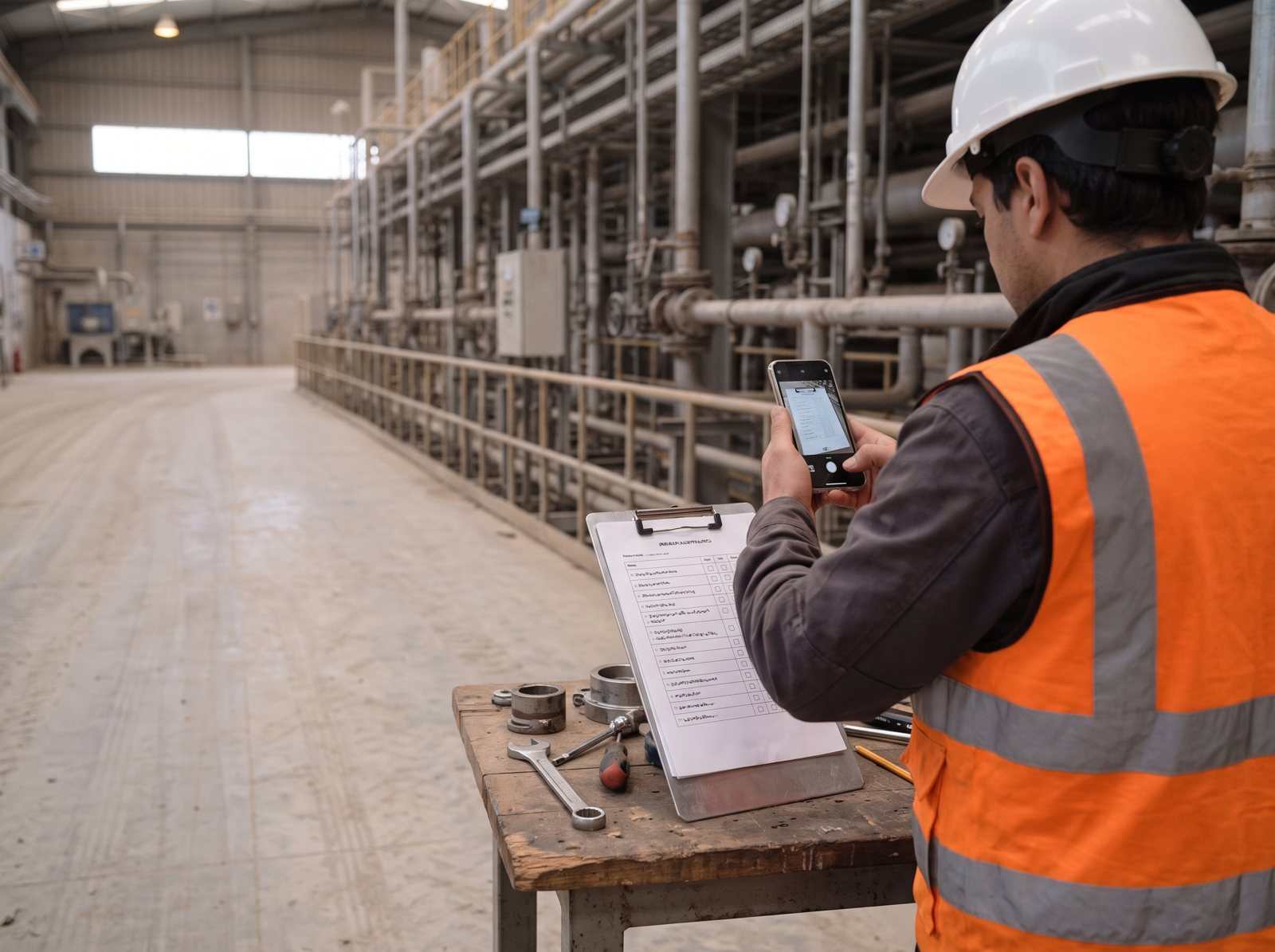 Supervisor fotografiando con el teléfono un checklist de papel sobre una carpeta.