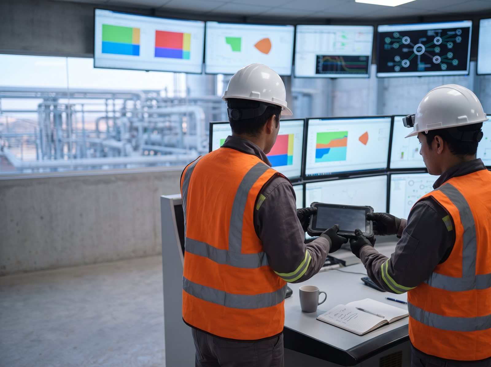 Dos supervisores en la sala de control revisando la entrega del turno en una tableta.