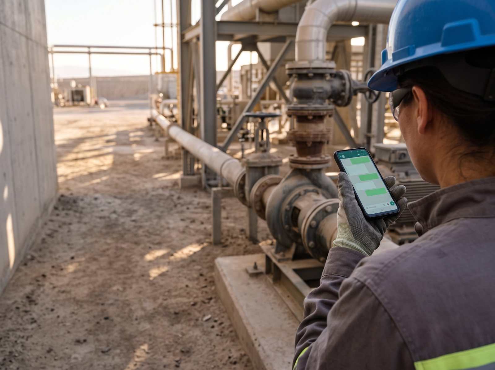 Técnico junto a una bomba grabando un audio en el teléfono.