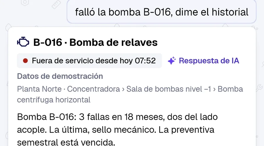 El asistente de PAIR responde con el historial de fallas de la bomba B-016.