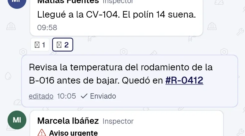 Chat del proyecto con el aviso urgente de un inspector.