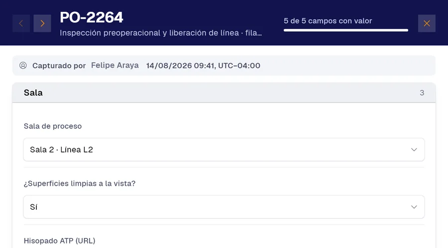 Registro PO-2264 del formulario «Inspección preoperacional y liberación de línea» en PAIR. Sala de proceso: Sala 2 · Línea L2; ¿Superficies limpias a la vista?: Sí.