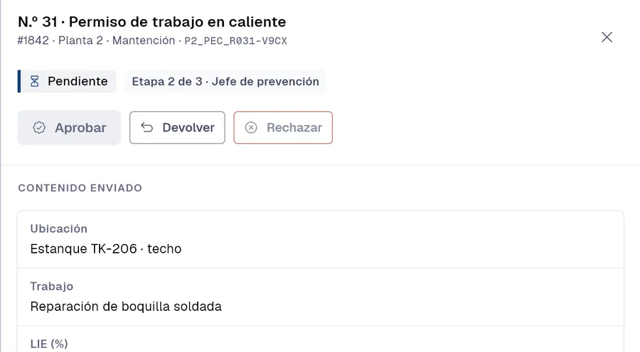 Solicitud de aprobación de un permiso de trabajo en caliente en PAIR: estado, etapa 2 de 3 y el contenido enviado.
