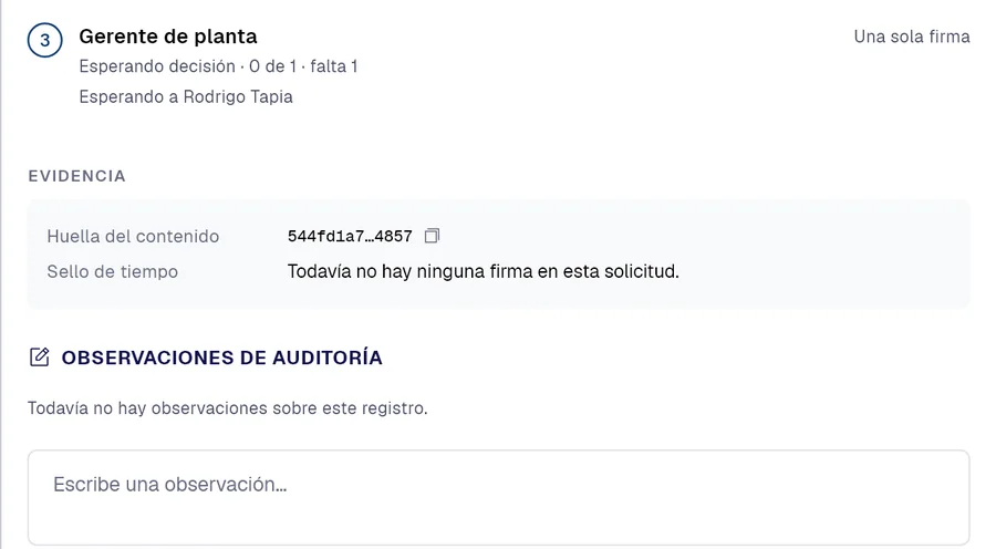 Aprobación de un permiso de trabajo en caliente en PAIR: las etapas que faltan y la evidencia con la huella del contenido.