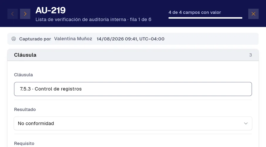 Registro AU-219 del formulario «Lista de verificación de auditoría interna» en PAIR. Cláusula: 7.5.3 · Control de registros; Resultado: No conformidad.