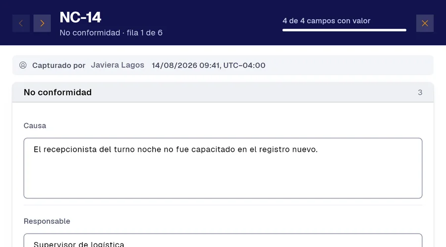 Registro NC-14 del formulario «No conformidad» en PAIR. Causa: El recepcionista del turno noche no fue capacitado en el registro nuevo; Responsable: Supervisor de logística.