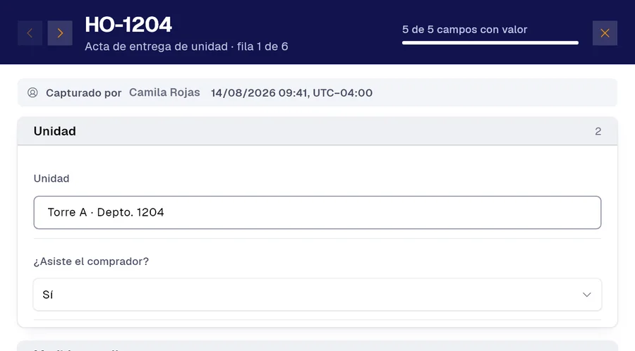 Registro HO-1204 del formulario «Acta de entrega de unidad» en PAIR. Unidad: Torre A · Depto. 1204; ¿Asiste el comprador?: Sí.